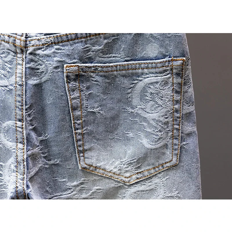 2024 Summer New Personality Dragon Print Stylish Straight Blue Denim Shorts Male Street Style Men's Straight Denim Shorts