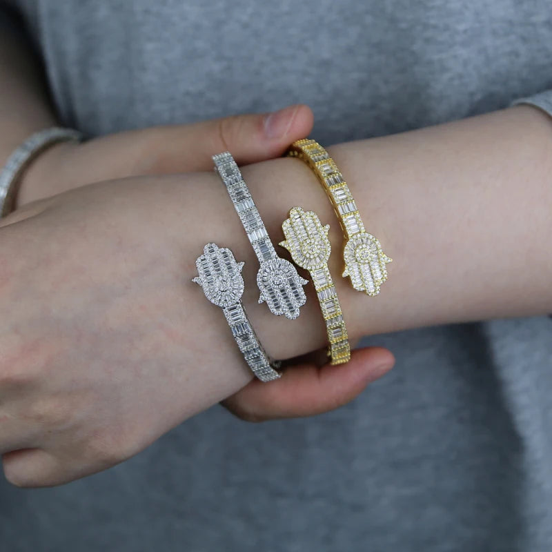 2025 New Iced Out Bling CZ Custom Opened Square Cubic Zircon Paved Hamsa Hand Charm Bracelet Bangle Hip Hop Sparking Jewelry