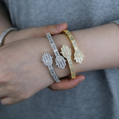 2025 New Iced Out Bling CZ Custom Opened Square Cubic Zircon Paved Hamsa Hand Charm Bracelet Bangle Hip Hop Sparking Jewelry