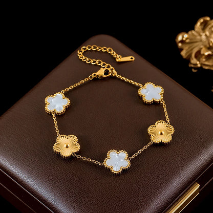 GANEMLY New Fashion Double Sided Green Five Leaf Flower Charm Bracelets For Women Girl Stainless Steel Clover Jewelry Gifts