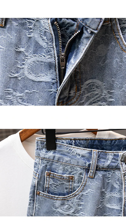2024 Summer New Personality Dragon Print Stylish Straight Blue Denim Shorts Male Street Style Men's Straight Denim Shorts