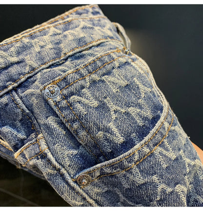 Jacquard denim shorts men's summer 2025 thin casual blue trendy brand loose design five quarter pants