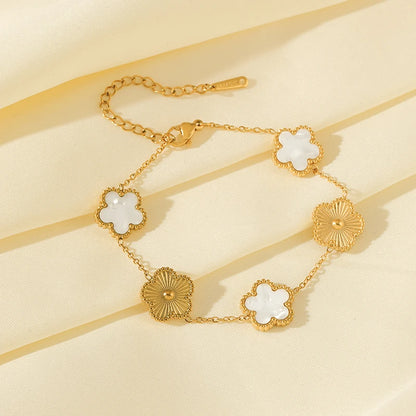 GANEMLY New Fashion Double Sided Green Five Leaf Flower Charm Bracelets For Women Girl Stainless Steel Clover Jewelry Gifts