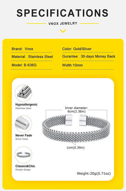 Vnox 10mm Woven Mesh Stainless Steel Open Bangle for Men Women,Vintage Adjustable Cuff Bracelets
