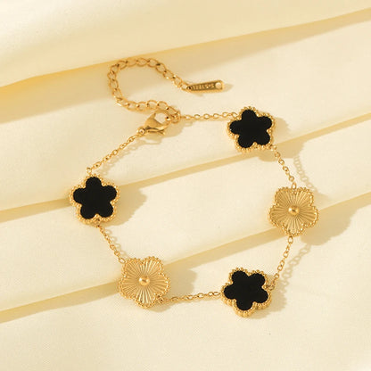 GANEMLY New Fashion Double Sided Green Five Leaf Flower Charm Bracelets For Women Girl Stainless Steel Clover Jewelry Gifts