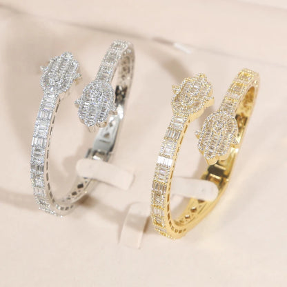 2025 New Iced Out Bling CZ Custom Opened Square Cubic Zircon Paved Hamsa Hand Charm Bracelet Bangle Hip Hop Sparking Jewelry