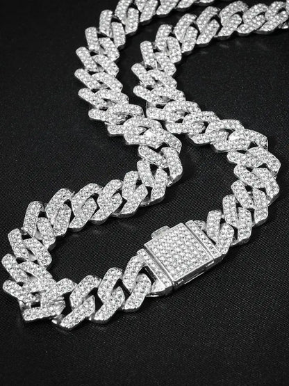 Hip Hop 15mm Cuban Link Chain Bracelet For Men Silver Color Iced Out Rhinestone Miami Bracelets Punk Women with Box Clasp Gift