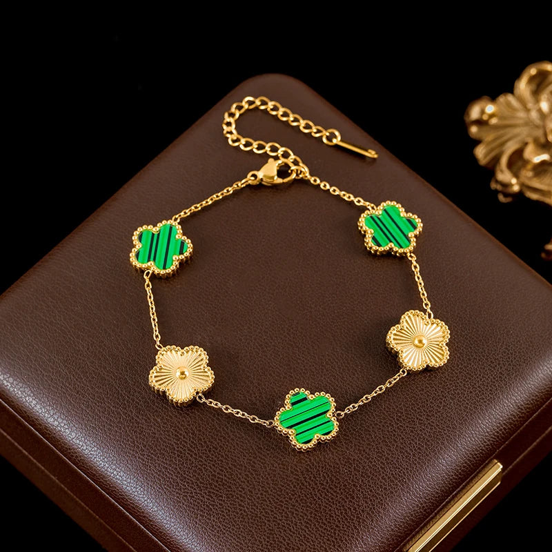 GANEMLY New Fashion Double Sided Green Five Leaf Flower Charm Bracelets For Women Girl Stainless Steel Clover Jewelry Gifts