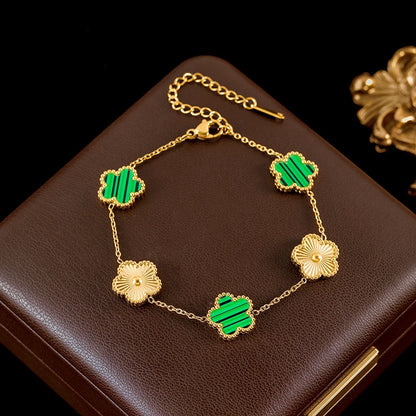 GANEMLY New Fashion Double Sided Green Five Leaf Flower Charm Bracelets For Women Girl Stainless Steel Clover Jewelry Gifts