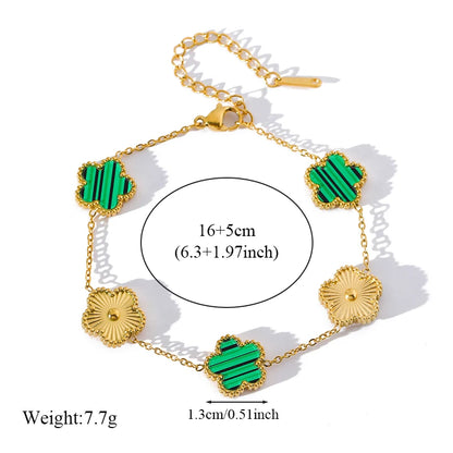 GANEMLY New Fashion Double Sided Green Five Leaf Flower Charm Bracelets For Women Girl Stainless Steel Clover Jewelry Gifts
