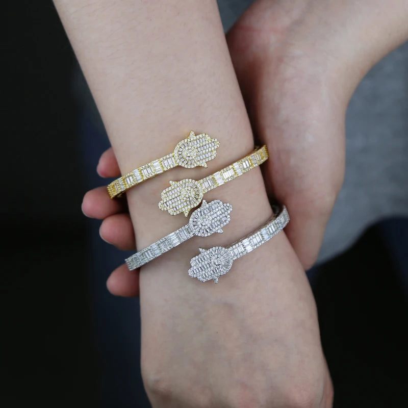 2025 New Iced Out Bling CZ Custom Opened Square Cubic Zircon Paved Hamsa Hand Charm Bracelet Bangle Hip Hop Sparking Jewelry