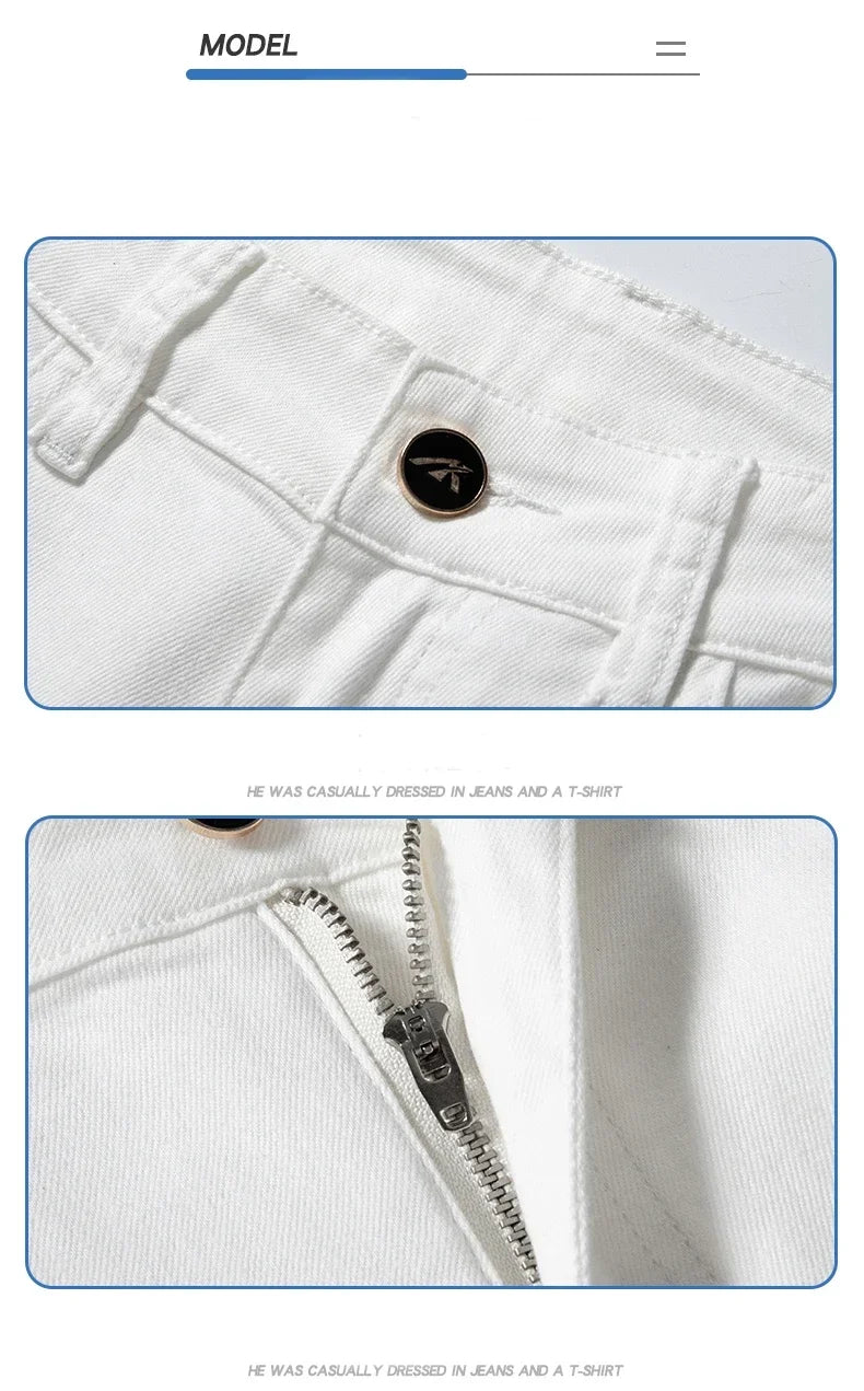 Summer New 98% Cotton Men's Casual Jeans White Classic Fashionable Stretch Straight Denim Trousers Black Brand Clothing Male