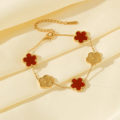 GANEMLY New Fashion Double Sided Green Five Leaf Flower Charm Bracelets For Women Girl Stainless Steel Clover Jewelry Gifts