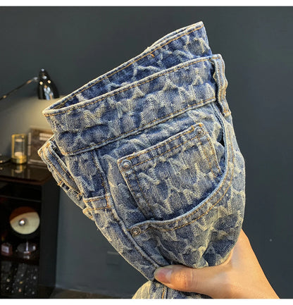 Jacquard denim shorts men's summer 2025 thin casual blue trendy brand loose design five quarter pants