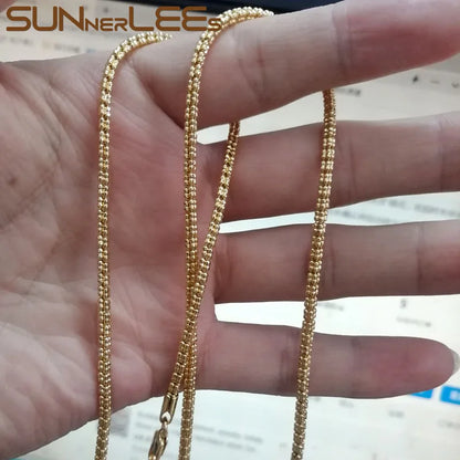SUNNERLEES Fashion Jewelry White Rose Gold Plated Necklace 2.2mm Width 4 Lines Beads Link Chain Men Women Gift C80 N