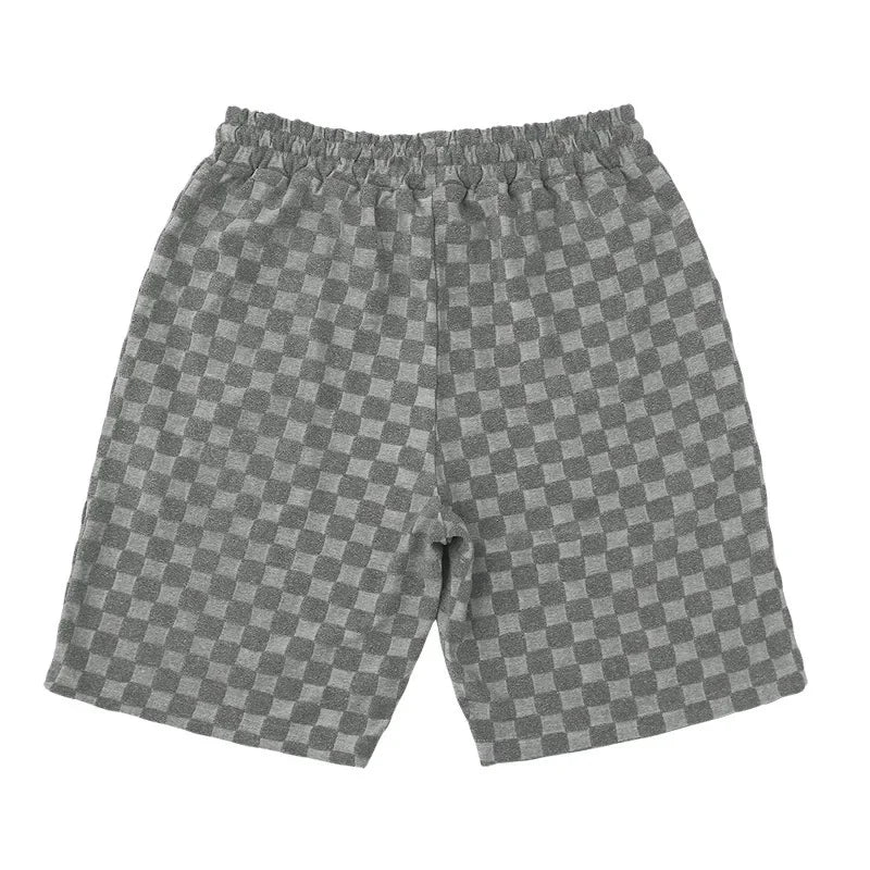 Men's Sports Suit Summer New Korean High Street Jacquard Plaid T-shirt Shorts Two-piece Set Male Casual Retro Loose O-neck Top