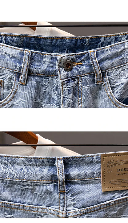 2024 Summer New Personality Dragon Print Stylish Straight Blue Denim Shorts Male Street Style Men's Straight Denim Shorts
