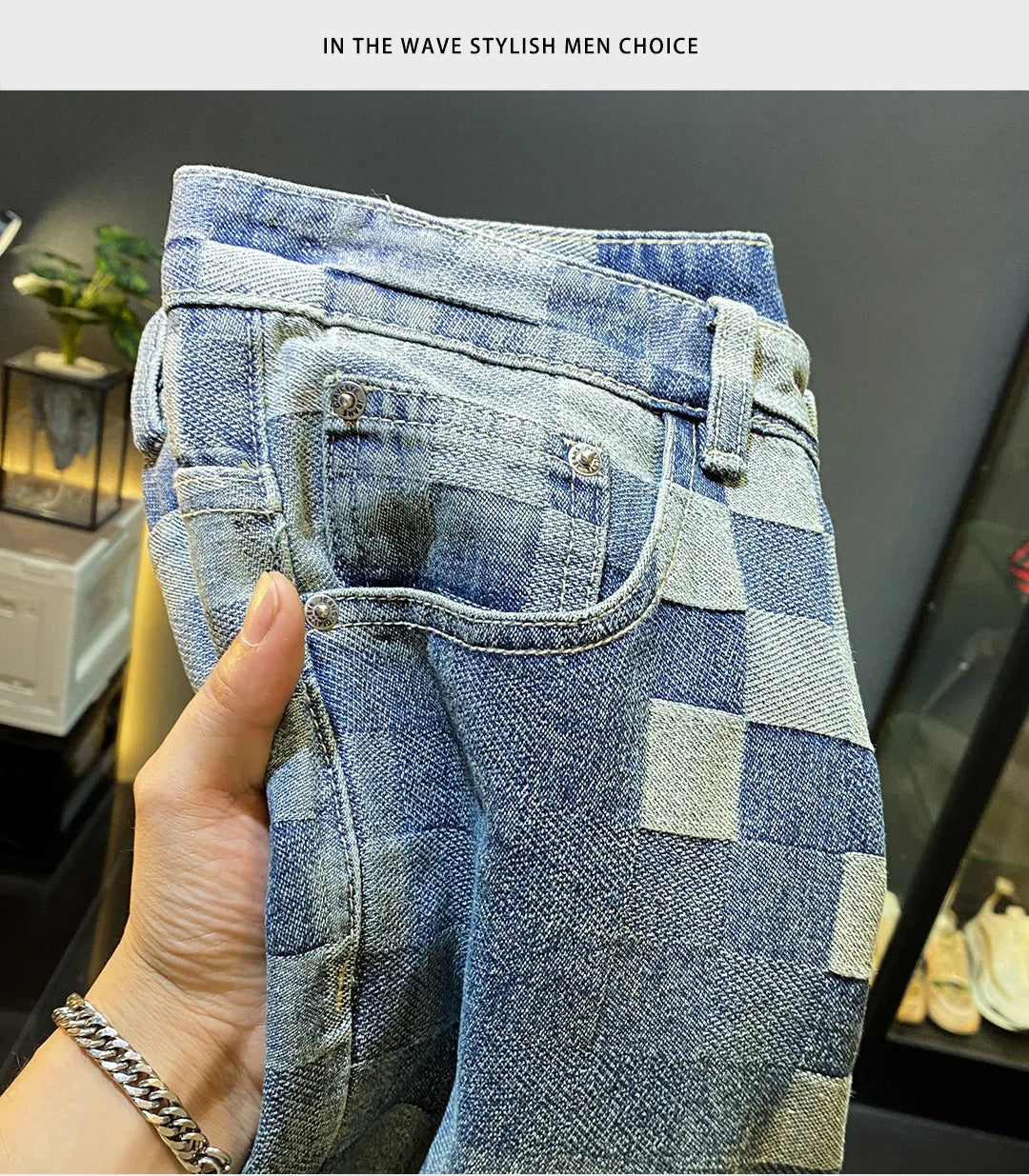 Fashionable high-end denim shorts for men's summer street trend mosaic embroidery print retro loose five quarter pants