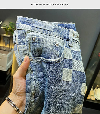 Fashionable high-end denim shorts for men's summer street trend mosaic embroidery print retro loose five quarter pants