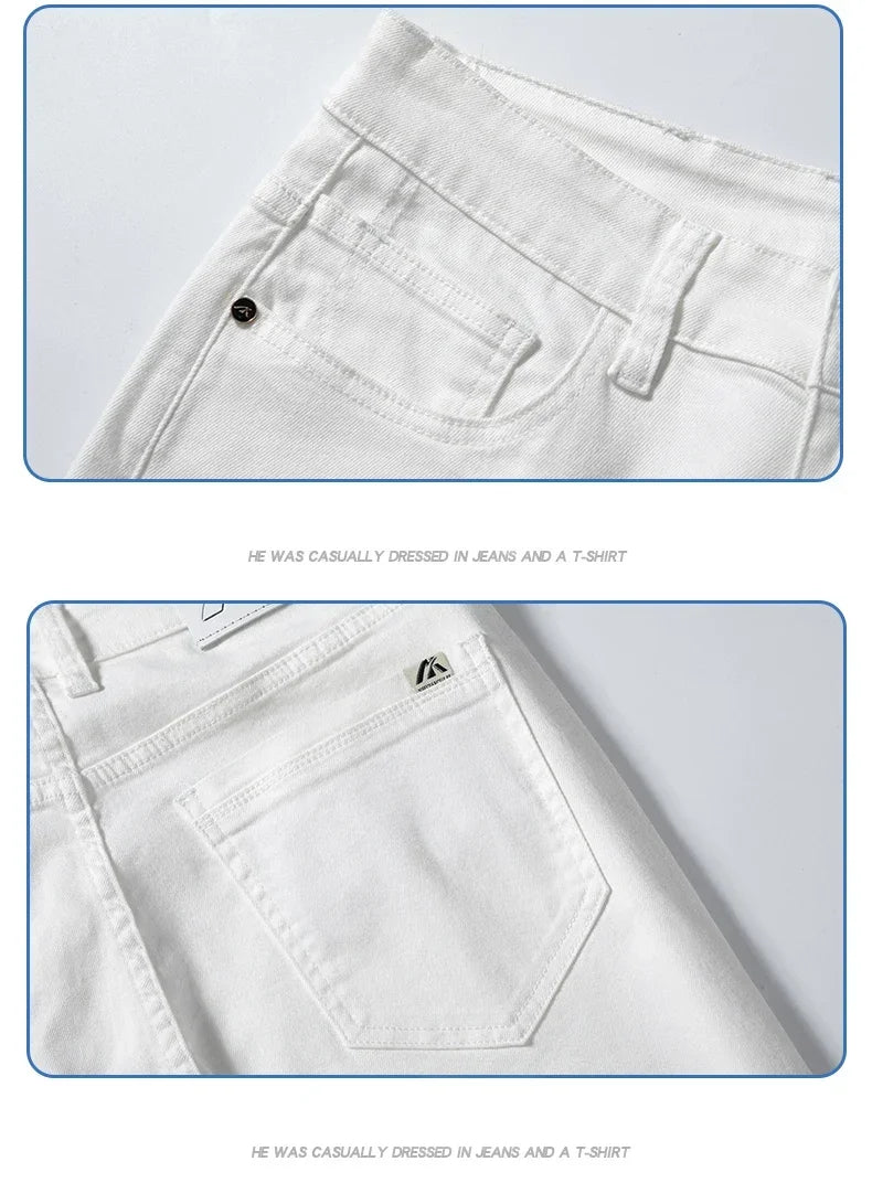 Summer New 98% Cotton Men's Casual Jeans White Classic Fashionable Stretch Straight Denim Trousers Black Brand Clothing Male