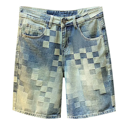 Fashionable high-end denim shorts for men's summer street trend mosaic embroidery print retro loose five quarter pants