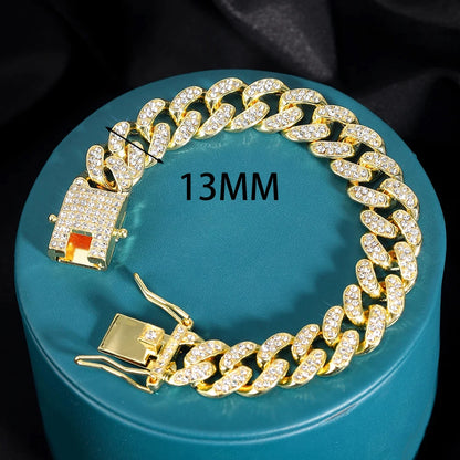 Hip Hop 15mm Cuban Link Chain Bracelet For Men Silver Color Iced Out Rhinestone Miami Bracelets Punk Women with Box Clasp Gift