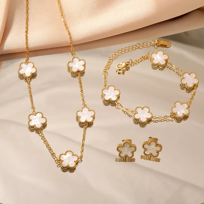 LUXUKISSKIDS Fashion Flower Necklace Earrings Set Jewelry Women Stainless Steel White Shell Clover Bracelet Jewelry Accessories