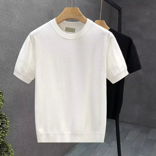 Pure White Floral Short Sleeve Men's Knitted Shirt Thin Base Layer Top Summer Trendy Brand Crew Neck Half Sleeve T-shirt