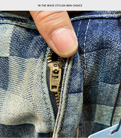 Fashionable high-end denim shorts for men's summer street trend mosaic embroidery print retro loose five quarter pants