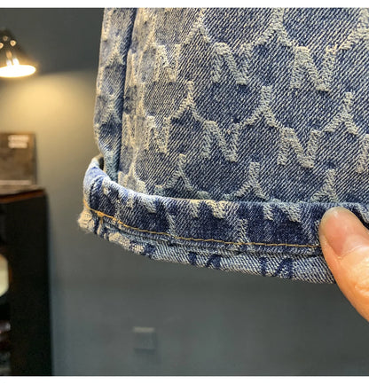 Jacquard denim shorts men's summer 2025 thin casual blue trendy brand loose design five quarter pants