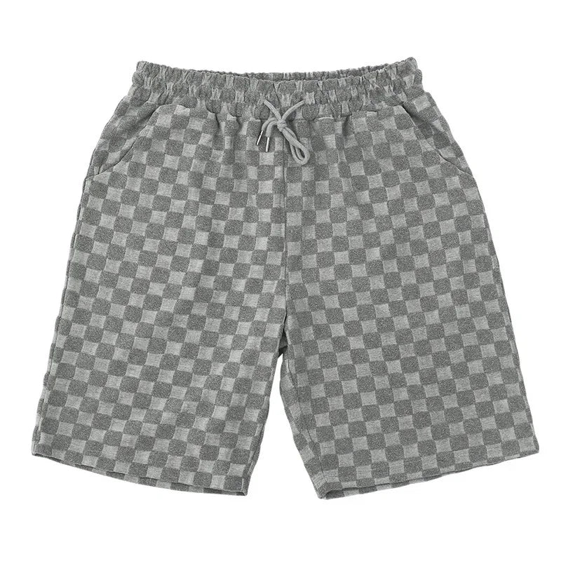 Men's Sports Suit Summer New Korean High Street Jacquard Plaid T-shirt Shorts Two-piece Set Male Casual Retro Loose O-neck Top