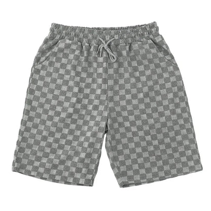 Men's Sports Suit Summer New Korean High Street Jacquard Plaid T-shirt Shorts Two-piece Set Male Casual Retro Loose O-neck Top