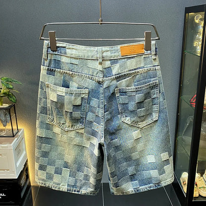 Fashionable high-end denim shorts for men's summer street trend mosaic embroidery print retro loose five quarter pants