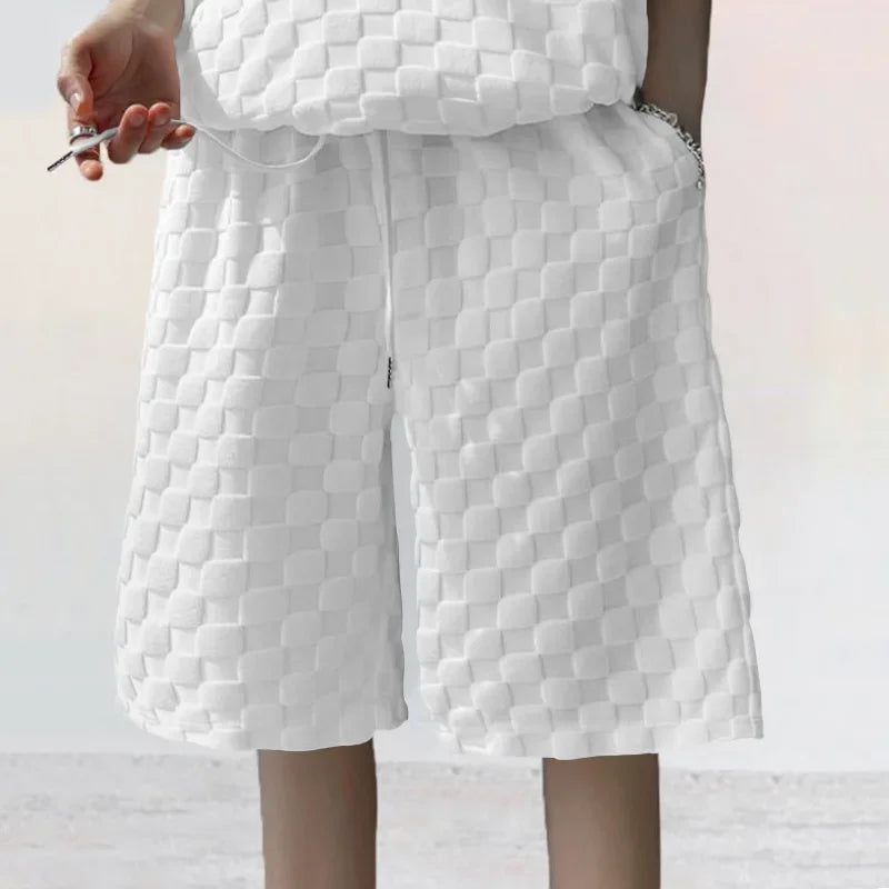 Men's Sports Suit Summer New Korean High Street Jacquard Plaid T-shirt Shorts Two-piece Set Male Casual Retro Loose O-neck Top