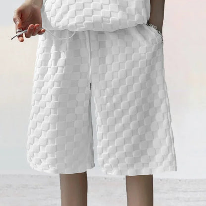 Men's Sports Suit Summer New Korean High Street Jacquard Plaid T-shirt Shorts Two-piece Set Male Casual Retro Loose O-neck Top