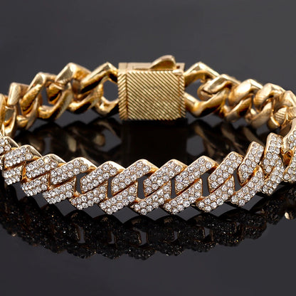 7/8/9inch 14MM Cuban Link Chain Bracelets Women Men Rhinestone Paved Prong Cuban Chain Bracelet Wristband Hip Hop Jewelry