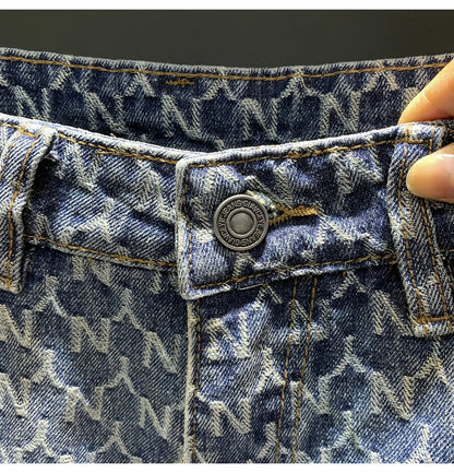 Jacquard denim shorts men's summer 2025 thin casual blue trendy brand loose design five quarter pants
