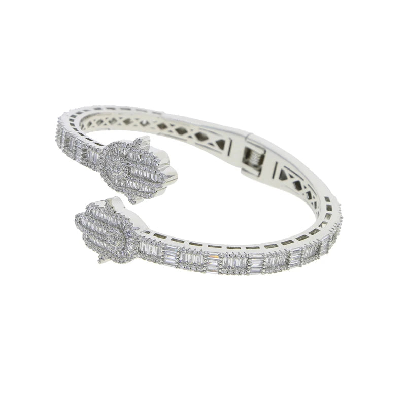 2025 New Iced Out Bling CZ Custom Opened Square Cubic Zircon Paved Hamsa Hand Charm Bracelet Bangle Hip Hop Sparking Jewelry