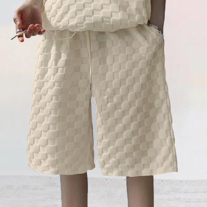 Men's Sports Suit Summer New Korean High Street Jacquard Plaid T-shirt Shorts Two-piece Set Male Casual Retro Loose O-neck Top