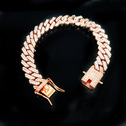 14MM  2 Row Rhinestone Paved Miami Rhombus Cuban Chain Hip Hop Men Women  Prong Cuban Link Chain Bracelet Iced Out men Jewelry