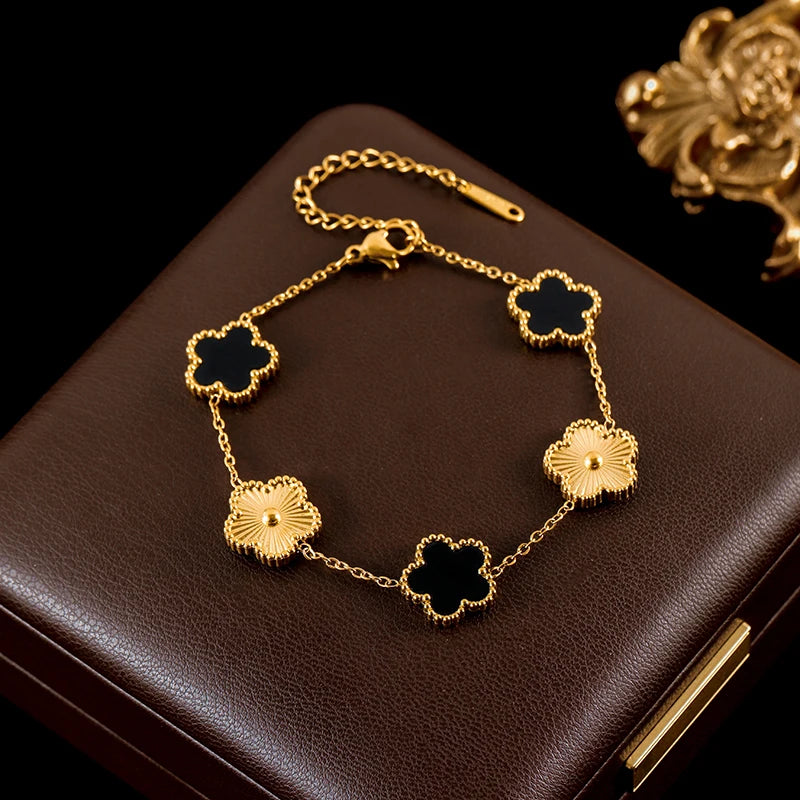 GANEMLY New Fashion Double Sided Green Five Leaf Flower Charm Bracelets For Women Girl Stainless Steel Clover Jewelry Gifts