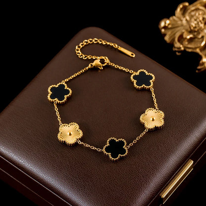 GANEMLY New Fashion Double Sided Green Five Leaf Flower Charm Bracelets For Women Girl Stainless Steel Clover Jewelry Gifts
