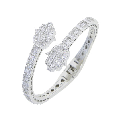 2025 New Iced Out Bling CZ Custom Opened Square Cubic Zircon Paved Hamsa Hand Charm Bracelet Bangle Hip Hop Sparking Jewelry