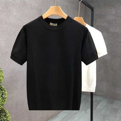 Pure White Floral Short Sleeve Men's Knitted Shirt Thin Base Layer Top Summer Trendy Brand Crew Neck Half Sleeve T-shirt