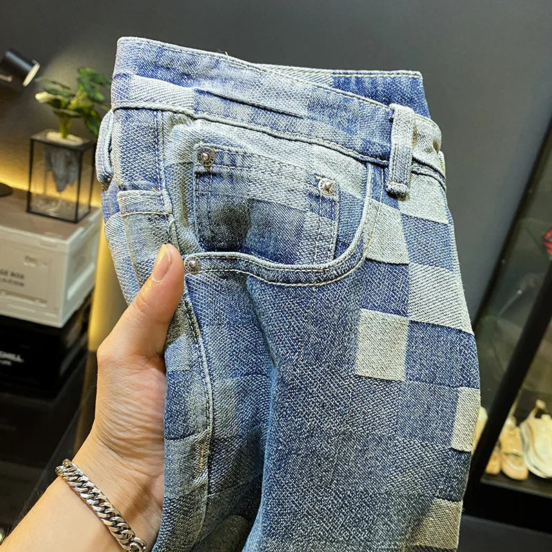 Fashionable high-end denim shorts for men's summer street trend mosaic embroidery print retro loose five quarter pants