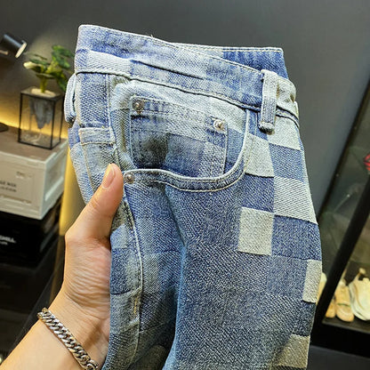 Fashionable high-end denim shorts for men's summer street trend mosaic embroidery print retro loose five quarter pants