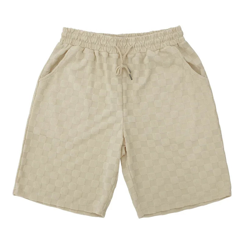 Men's Sports Suit Summer New Korean High Street Jacquard Plaid T-shirt Shorts Two-piece Set Male Casual Retro Loose O-neck Top