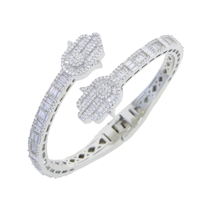 2025 New Iced Out Bling CZ Custom Opened Square Cubic Zircon Paved Hamsa Hand Charm Bracelet Bangle Hip Hop Sparking Jewelry