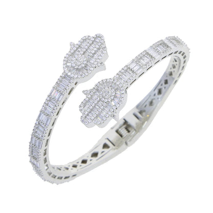 2025 New Iced Out Bling CZ Custom Opened Square Cubic Zircon Paved Hamsa Hand Charm Bracelet Bangle Hip Hop Sparking Jewelry
