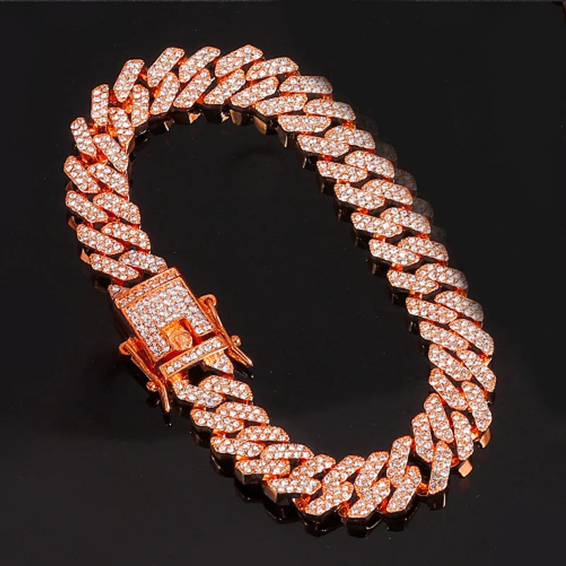 14MM  2 Row Rhinestone Paved Miami Rhombus Cuban Chain Hip Hop Men Women  Prong Cuban Link Chain Bracelet Iced Out men Jewelry